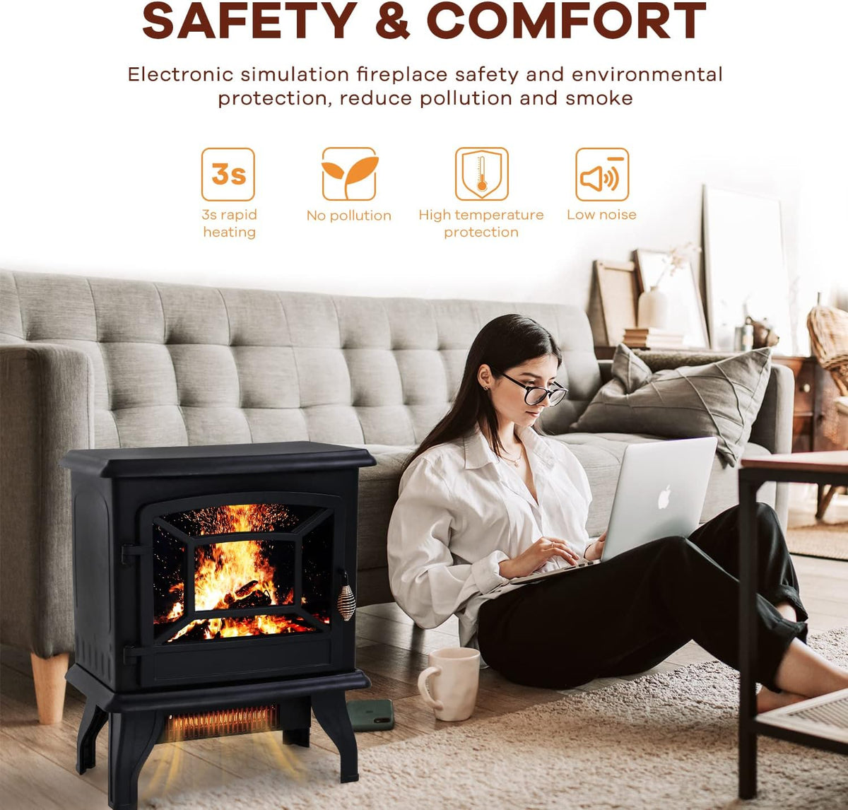 Black Electric Fireplace Heater 3D Flames Freestanding TV Stand U685