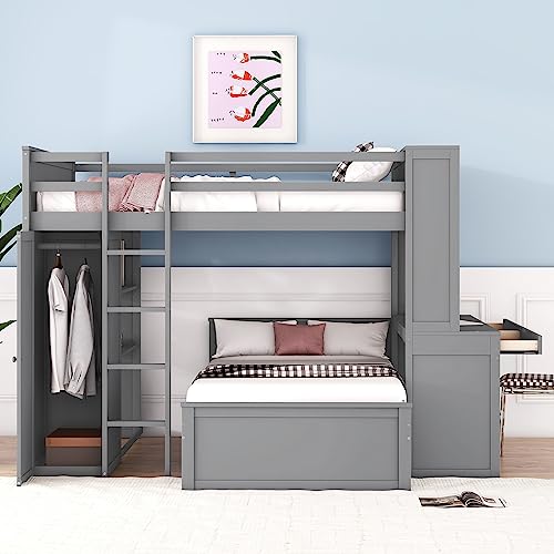 Twin Size Loft Bed with Built-in Desk & Wardrobes, Wood Bedframe with 4 Drawers & 4 Shelves, Gray E374340