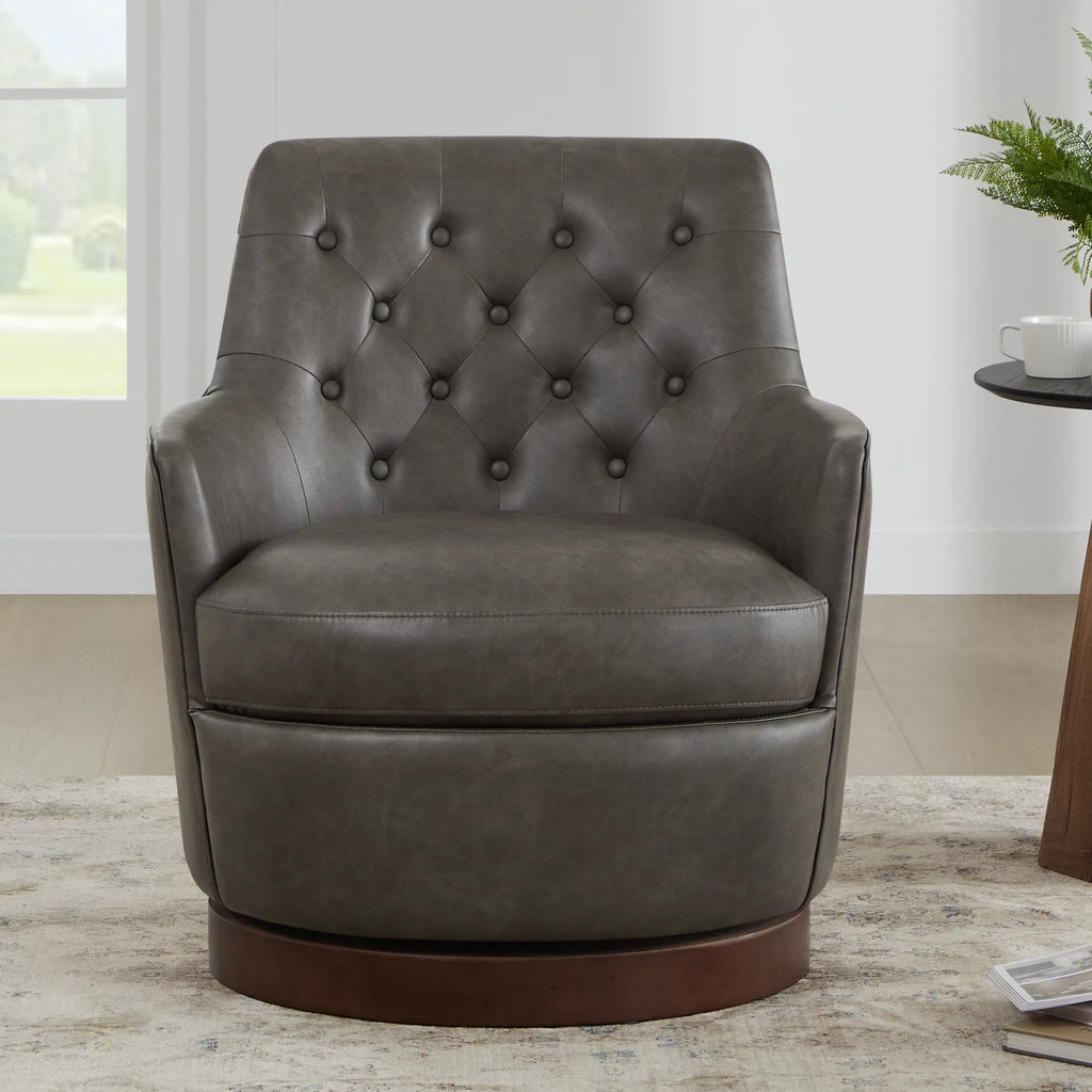 Dark Gray Faux Leather Swivel Barrel Accent Chair C752