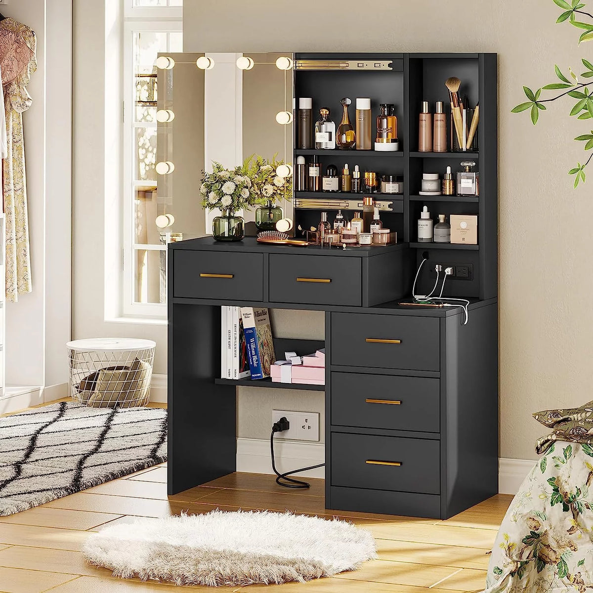 Black Vanity Table with Sliding Mirror and LED Lights D320