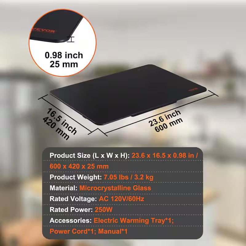 Black Portable Tempered Glass Electric Warming Tray A9728