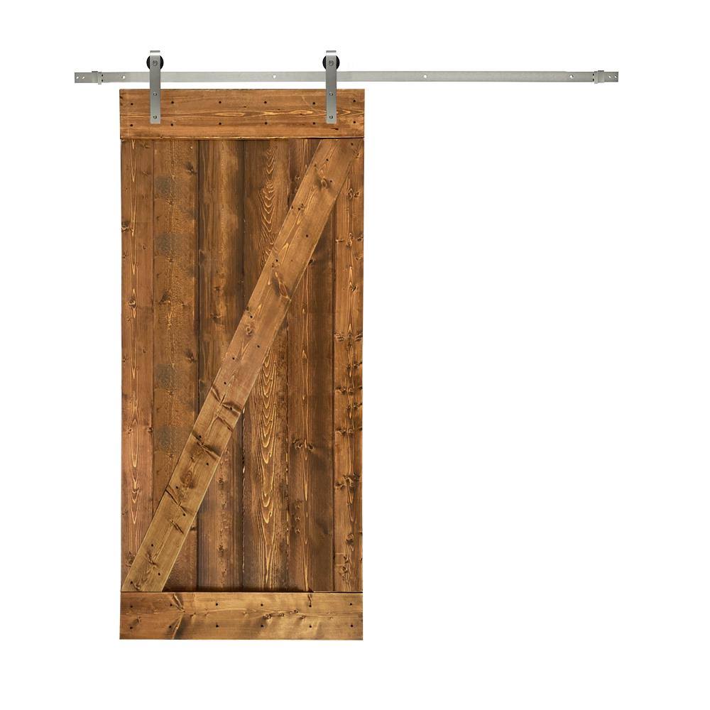 24 in. x 84 in. Brown Solid Knotty Pine Wood Interior Sliding Barn Door with Hardware Kit P49170