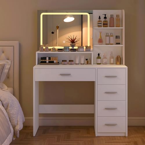 White Vanity Desk with 5 Drawers & Mirror D7717