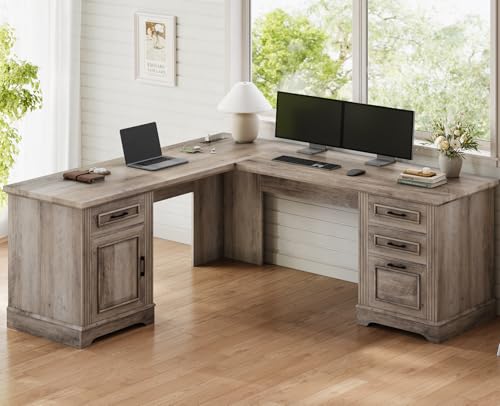 White L Shaped Desk with File Drawer and Power Outlet P686