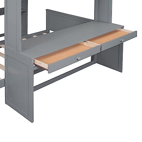 Twin Size Loft Bed with Built-in Desk & Wardrobes, Wood Bedframe with 4 Drawers & 4 Shelves, Gray E374340
