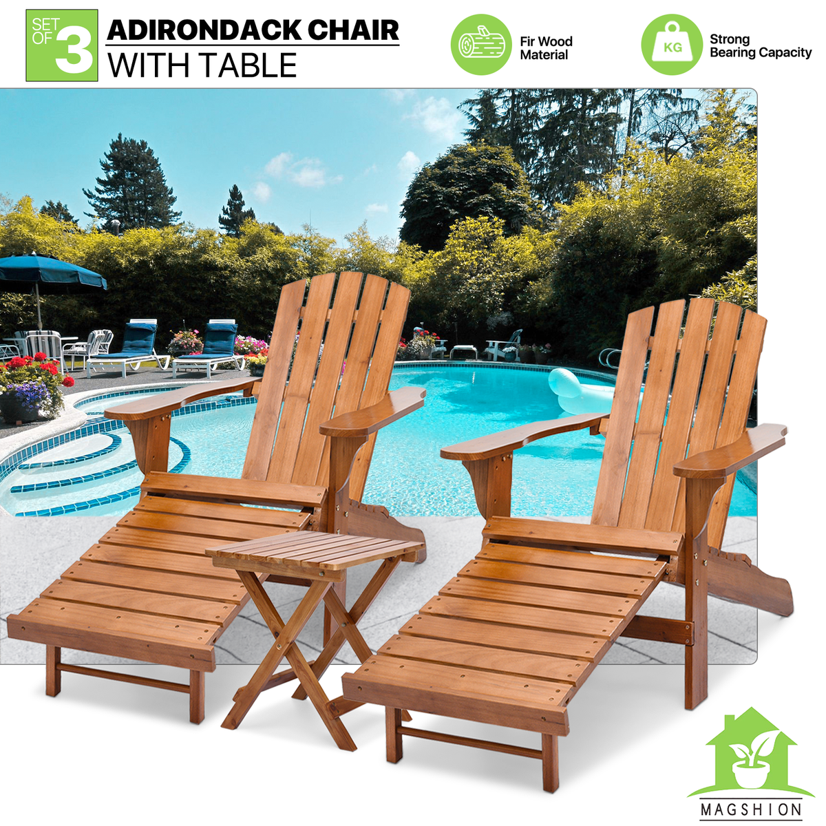 Set of 3 Teak Outdoor Folding Adirondack Chairs with Side Table C45094