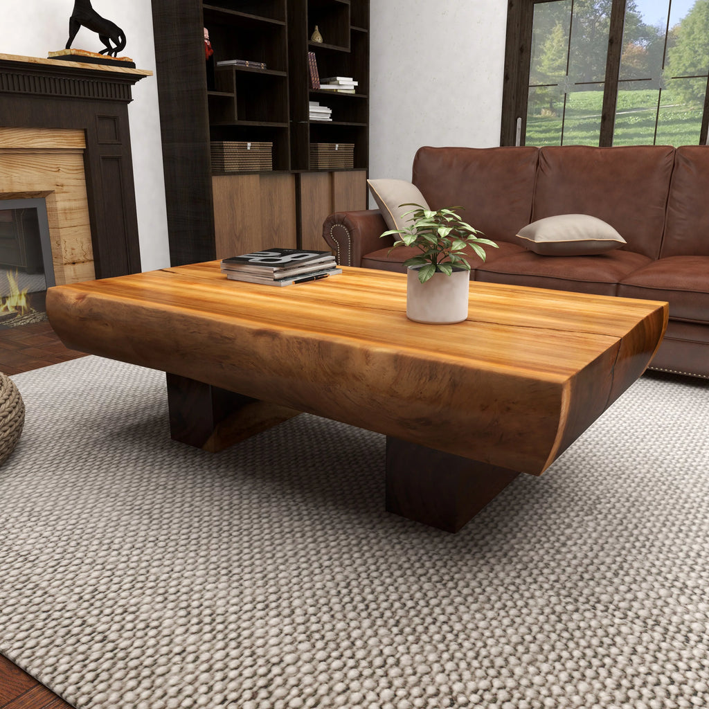 Brown Wood Live Edge Coffee Table with Block Style Base K772