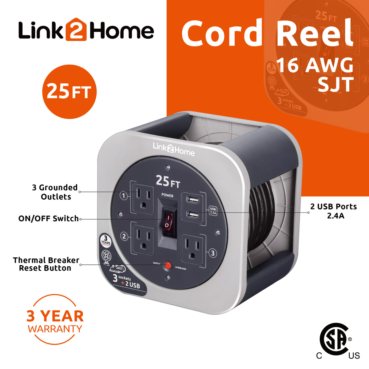 Cord Reel 25 ft Extension Cord with 3 Power Outlets and 2 USB Ports B241125