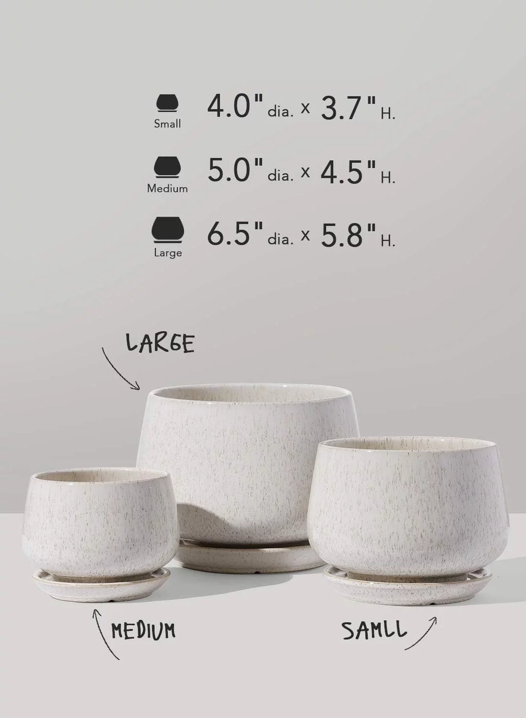 4.1+5.1+6.5 Inch Ceramic Plant Pots with Drainage Hole and Saucer, Set of 3, Beige Z734611
