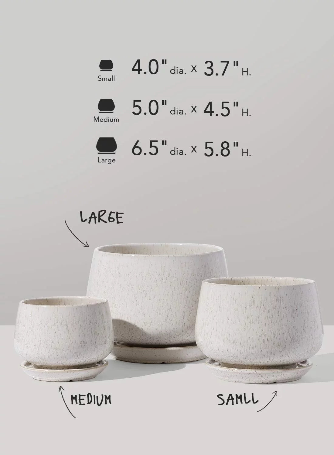 4.1+5.1+6.5 Inch Ceramic Plant Pots with Drainage Hole and Saucer, Set of 3, Beige Z734611