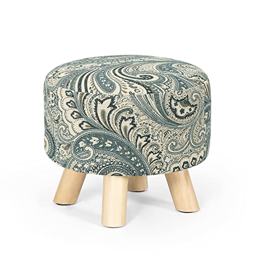 Small Round Ottoman Foot Rest Stool Linen Padded Seat Footstool with Non-Skid Wooden Legs White Black I9157