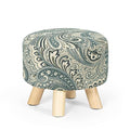 Small Round Ottoman Foot Rest Stool Linen Padded Seat Footstool with Non-Skid Wooden Legs White Black I9157