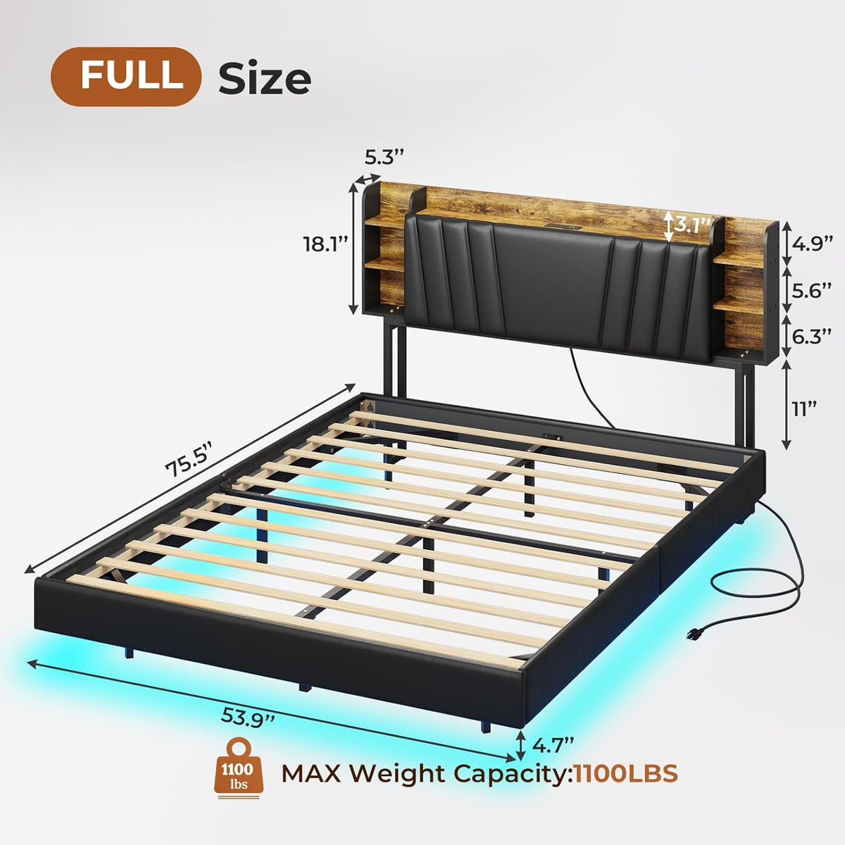 Full Floating Bed Frame with Charging Station, Black X5525