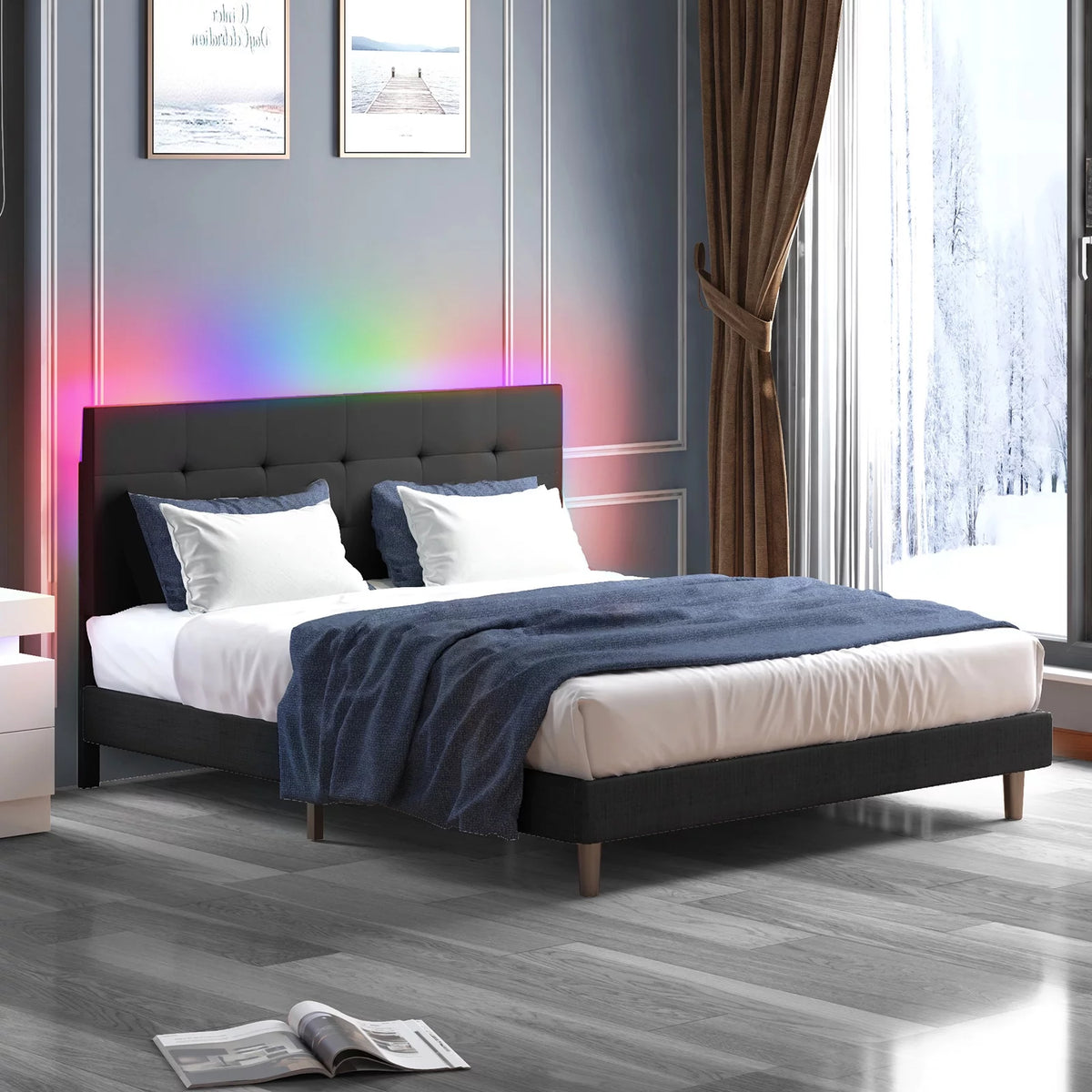 Queen Size Fabric Upholstered Platform Bed with LED Headboard I3695