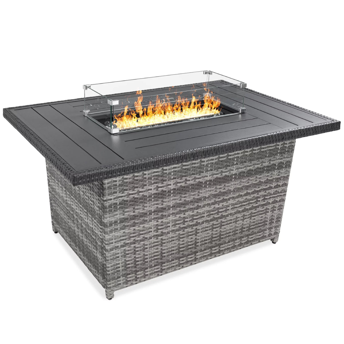 52in Gray Wicker Propane Gas Fire Pit Table with Glass Wind Guard I386546
