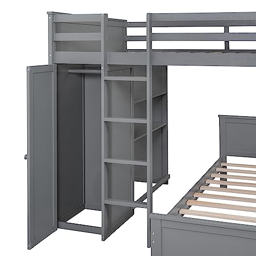 Twin Size Loft Bed with Built-in Desk & Wardrobes, Wood Bedframe with 4 Drawers & 4 Shelves, Gray E374340