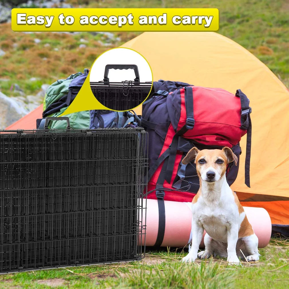 Black Folding Metal Wire Dog Crate with Double-Door J5313
