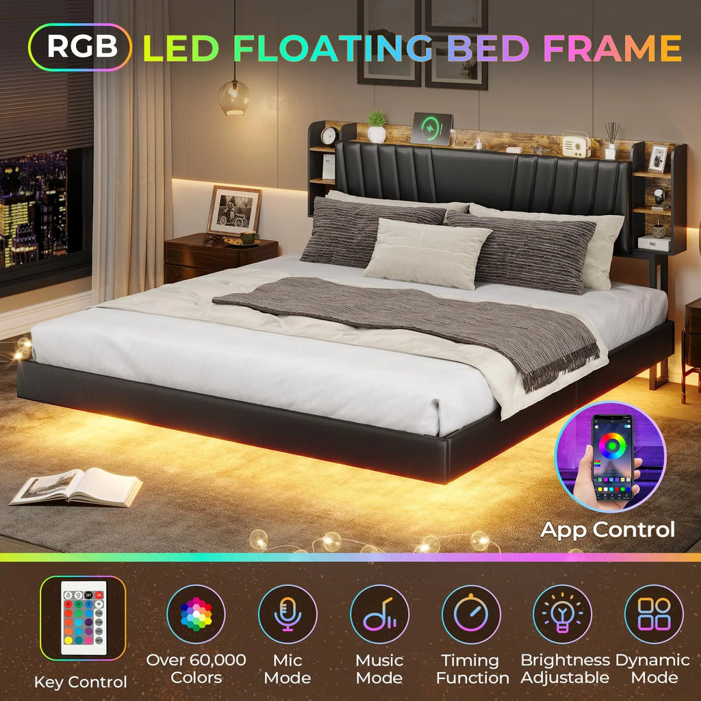 Full Floating Bed Frame with Charging Station, Black X5525