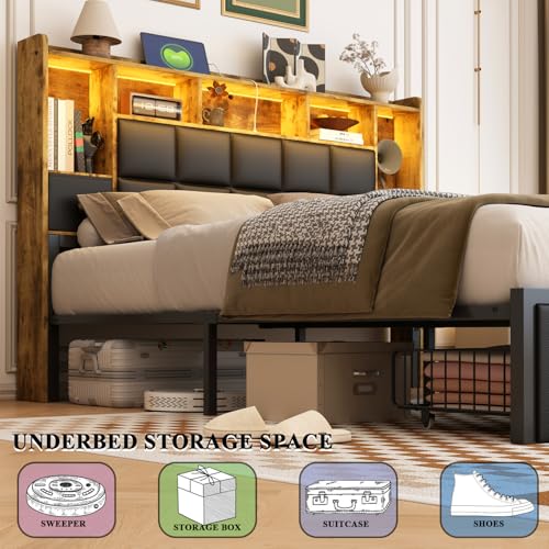 Full Size LED Upholstered Platform Bed Frame with Bookshelf Headboard and 2 Hidden Storage Drawers J35091