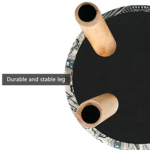 Small Round Ottoman Foot Rest Stool Linen Padded Seat Footstool with Non-Skid Wooden Legs White Black I9157