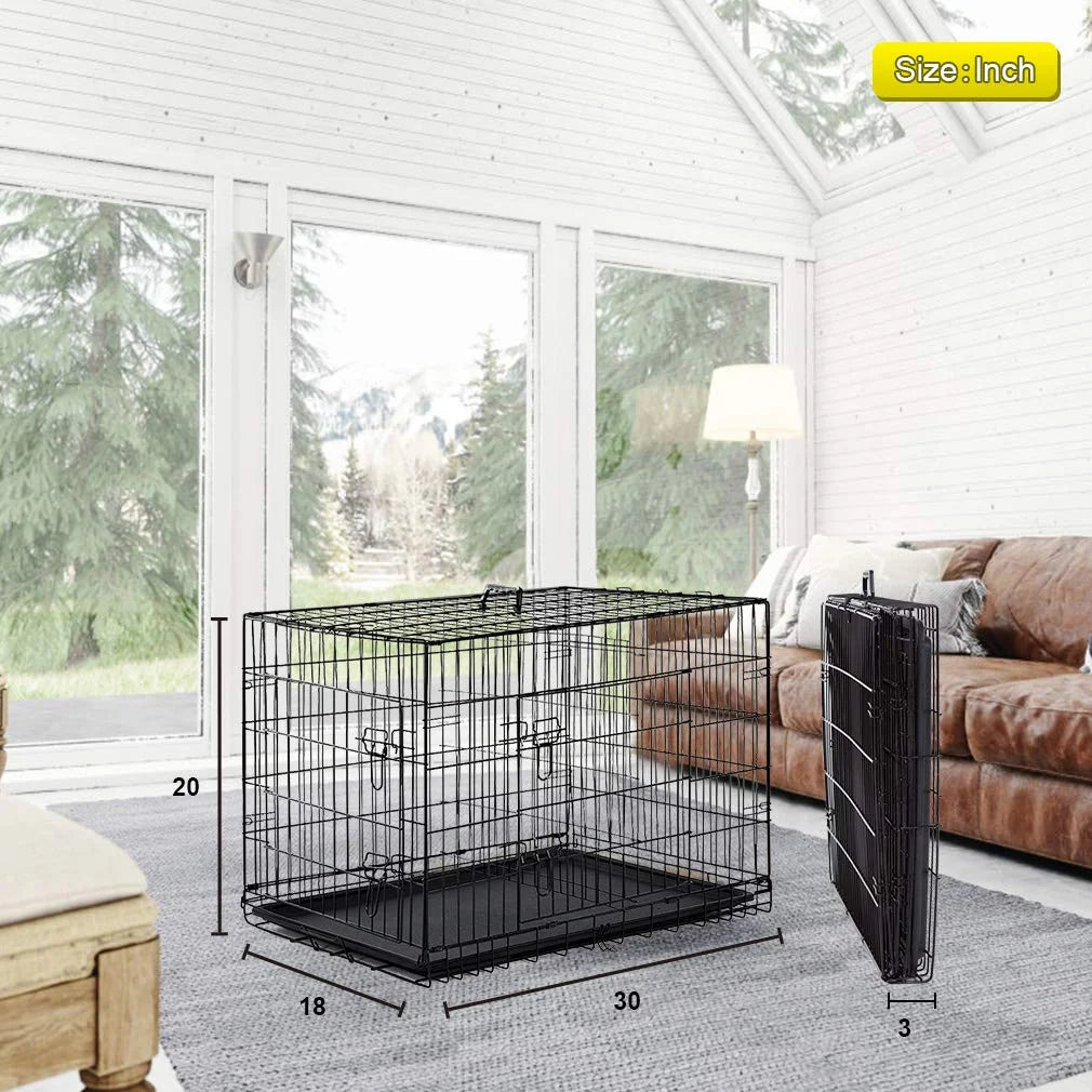 Black Folding Metal Wire Dog Crate with Double-Door J5313