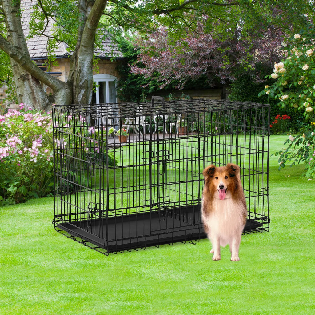 Black Folding Metal Wire Dog Crate with Double-Door J5313
