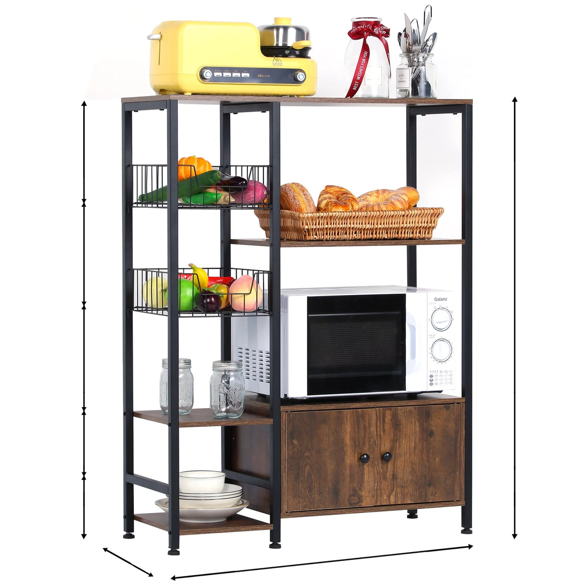 5-Tier Wood Brown Kitchen Bakers Rack with Cabinet R4535
