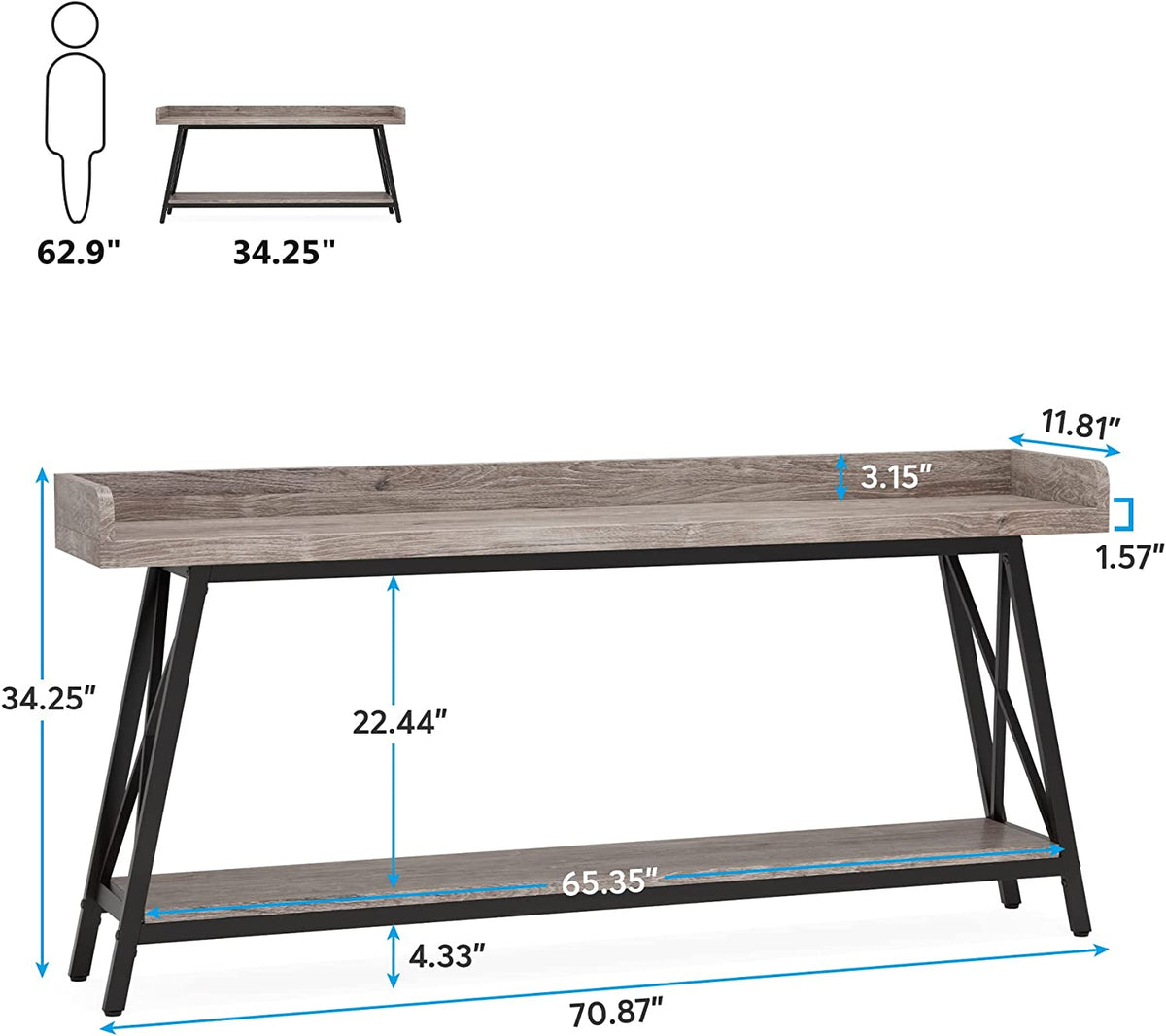 70.9 Inch Industrial Console Table Grey T265