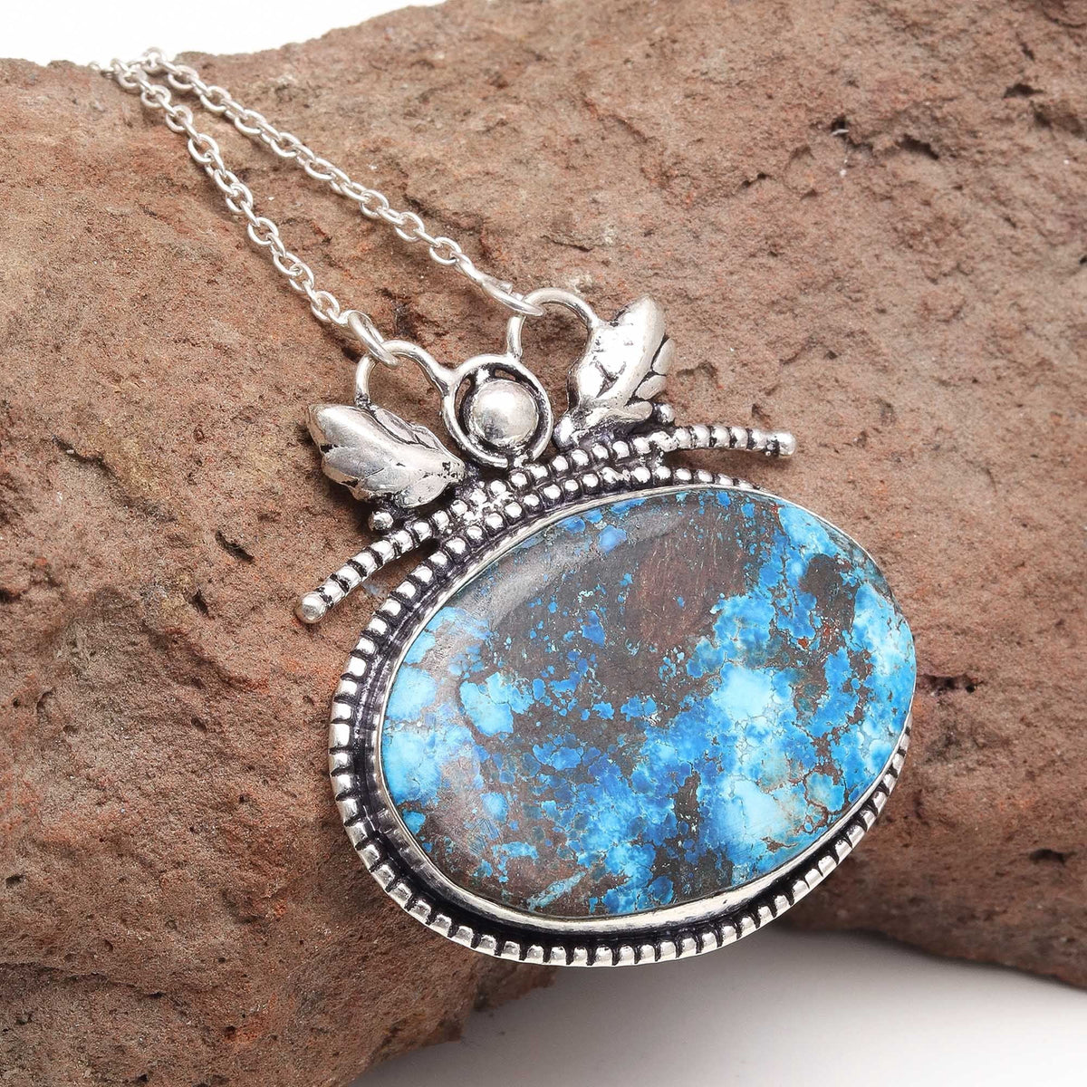 Azurite Silver Sterling Gemstone Beads 20" Chrysocolla Round Necklace Q88558