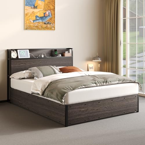 Full Size Wooden Platform Bed Frame with Storage Headboard H2302
