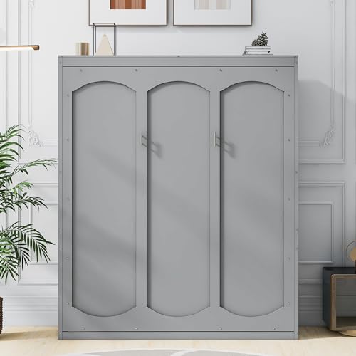 Queen Size Murphy Bed with Storage Shelves Gray D5483