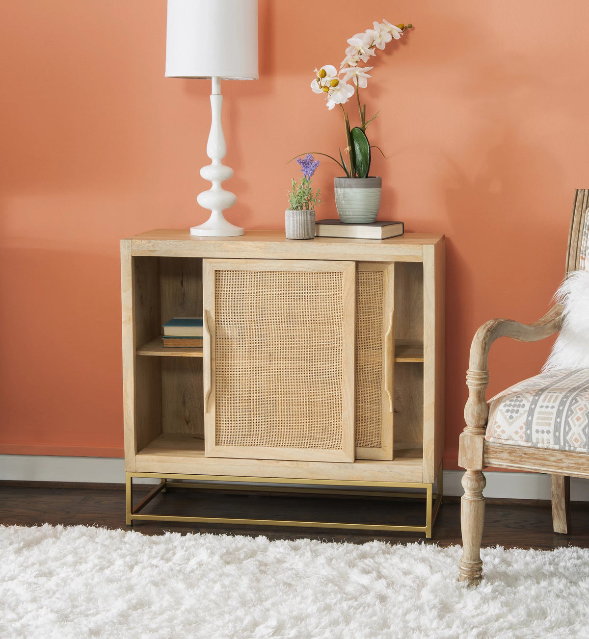 Rattan Sliding Doors Cabinet with Shelves G9724