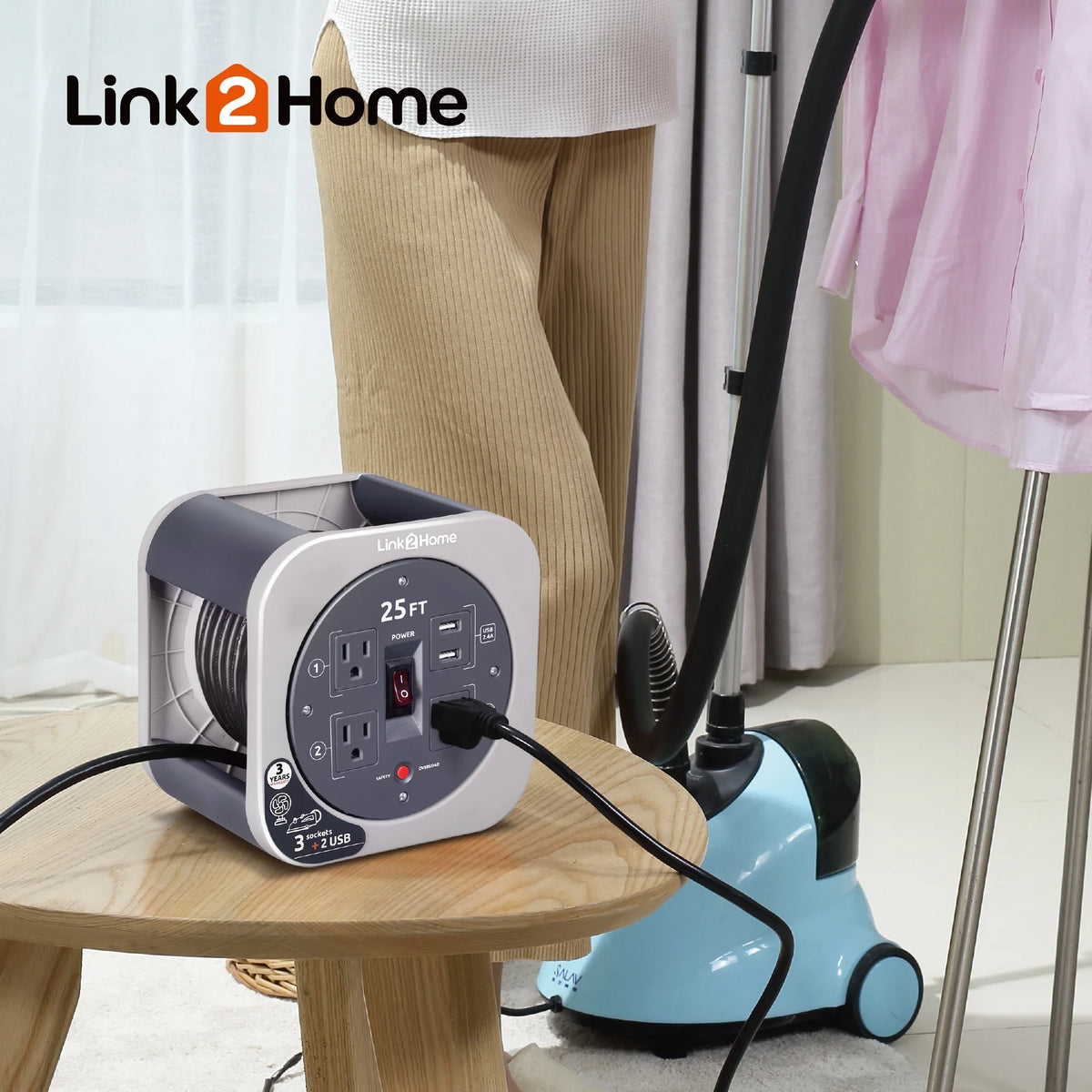 Cord Reel 25 ft Extension Cord with 3 Power Outlets and 2 USB Ports B241125