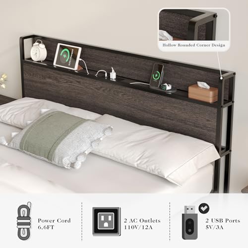 Full Size Wooden Platform Bed Frame with Storage Headboard H2302