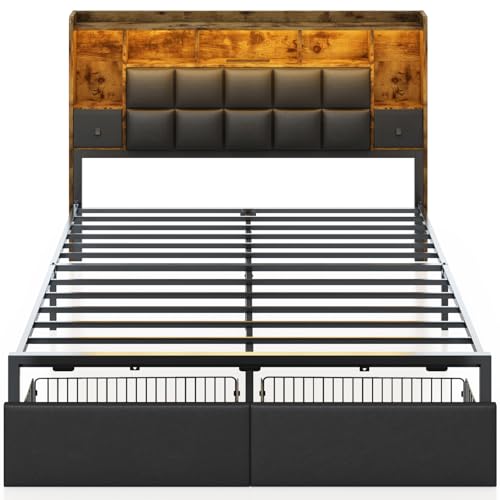 Full Size LED Upholstered Platform Bed Frame with Bookshelf Headboard and 2 Hidden Storage Drawers J35091