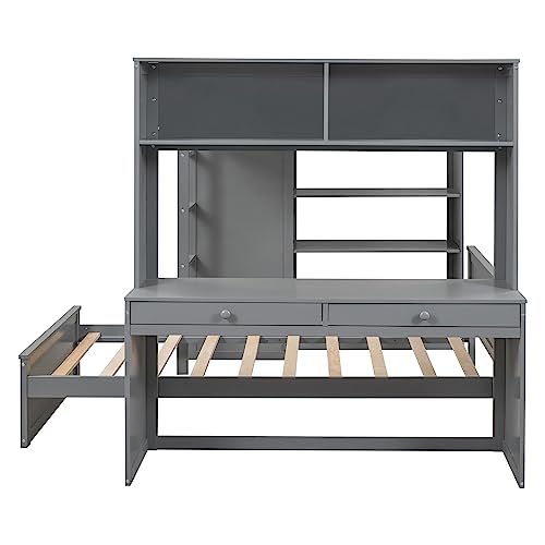 Twin Size Loft Bed with Built-in Desk & Wardrobes, Wood Bedframe with 4 Drawers & 4 Shelves, Gray E374340
