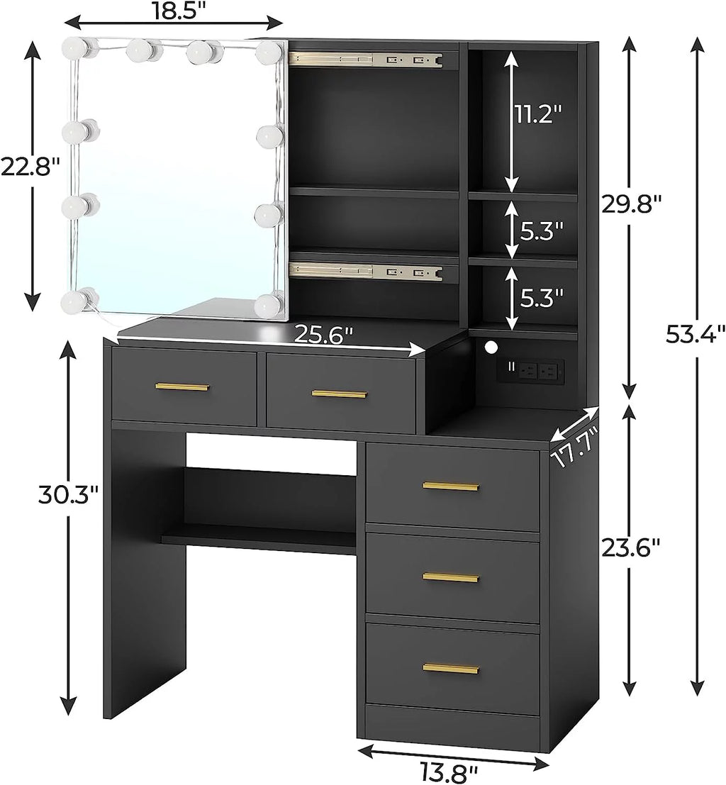 Black Vanity Table with Sliding Mirror and LED Lights D320