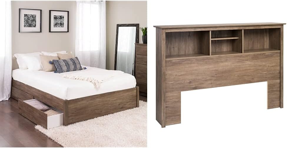 Queen 4-Post Platform Bed with 2 Drawers, Drifted Gray P96656