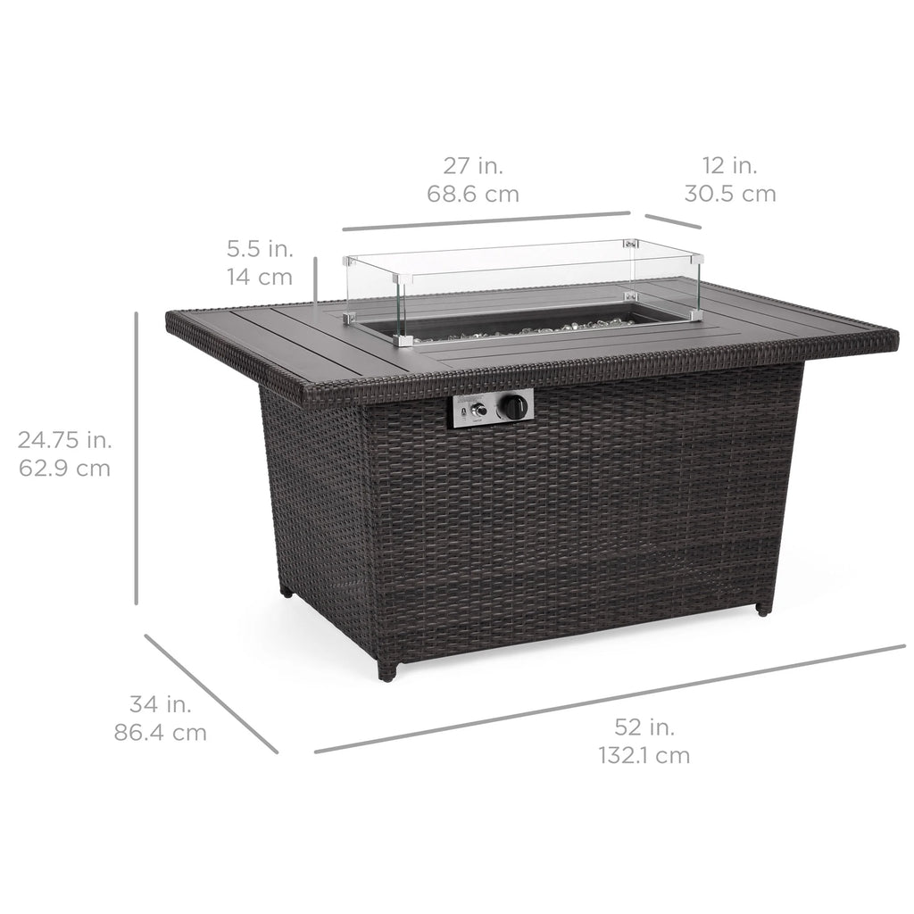 52in Gray Wicker Propane Gas Fire Pit Table with Glass Wind Guard I386546
