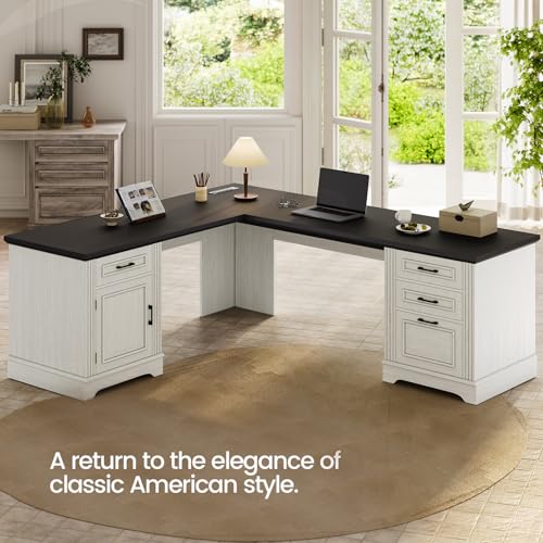 White L Shaped Desk with File Drawer and Power Outlet P686
