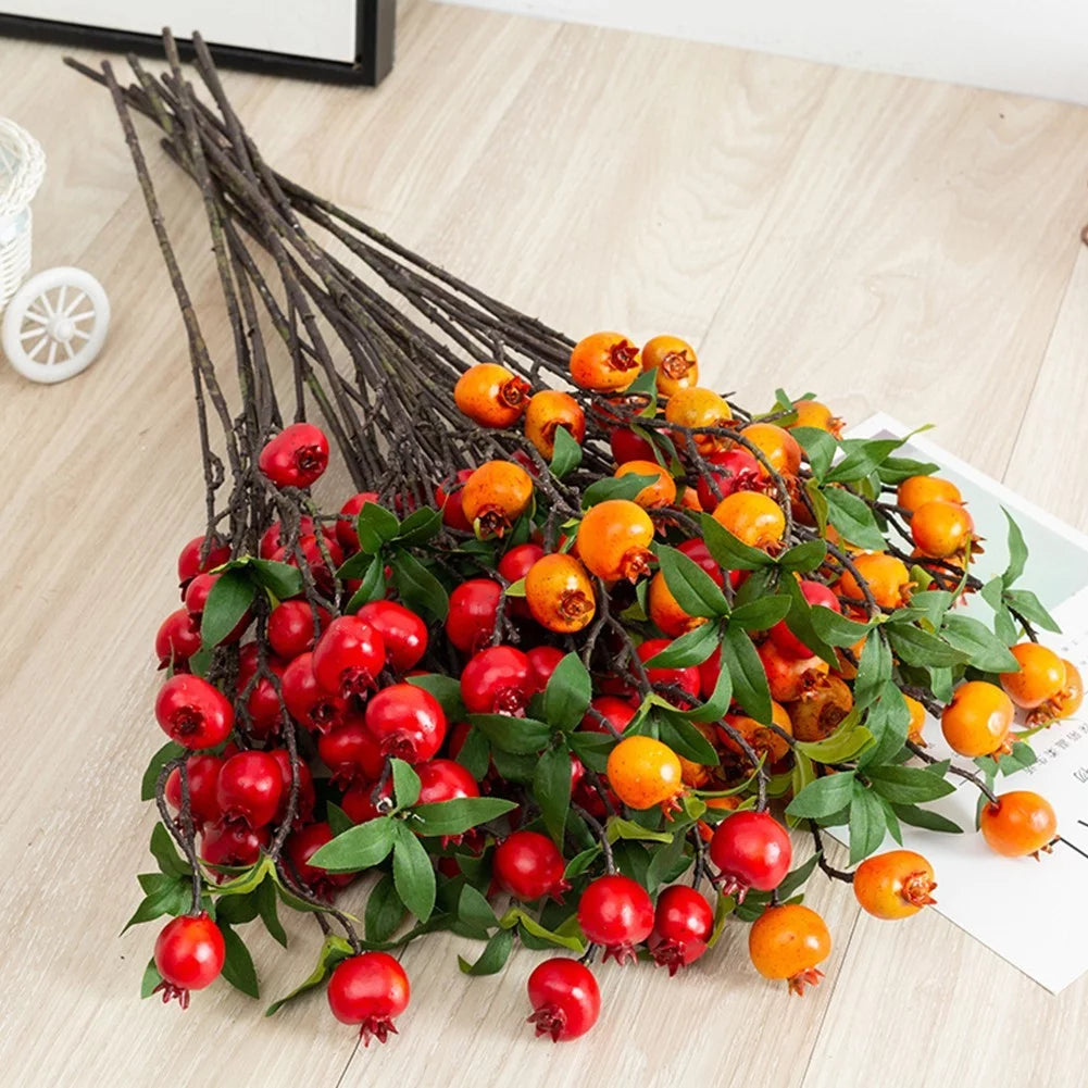 9 Heads Artificial Pomegranate Branch with Leaves Q925