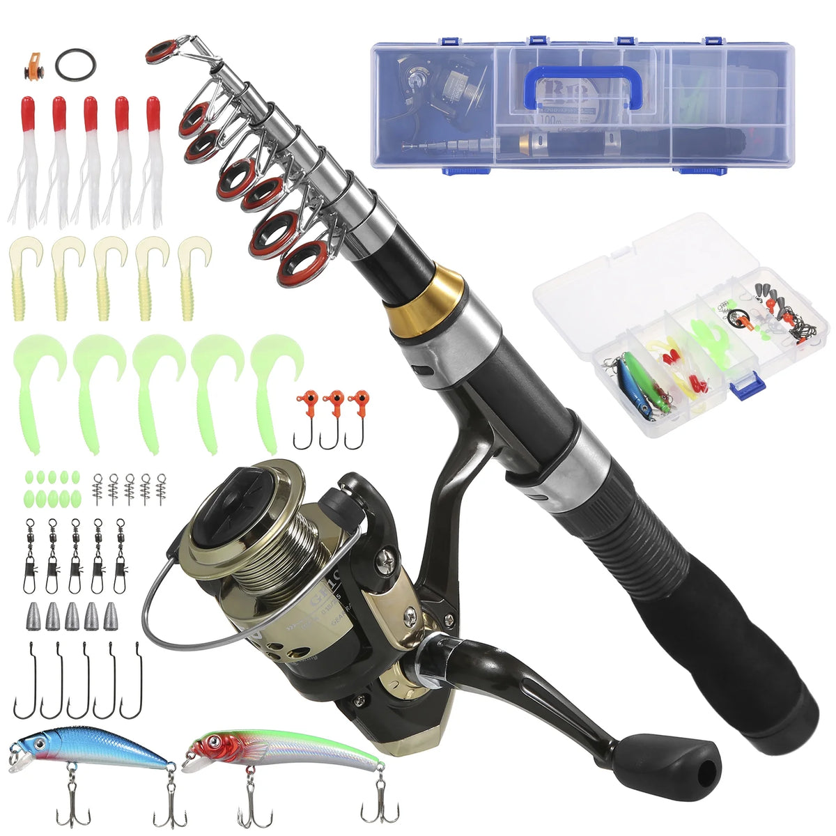 Spinning Rod Telescopic Pole Reel Combo Kit with Lures Swivels E99959