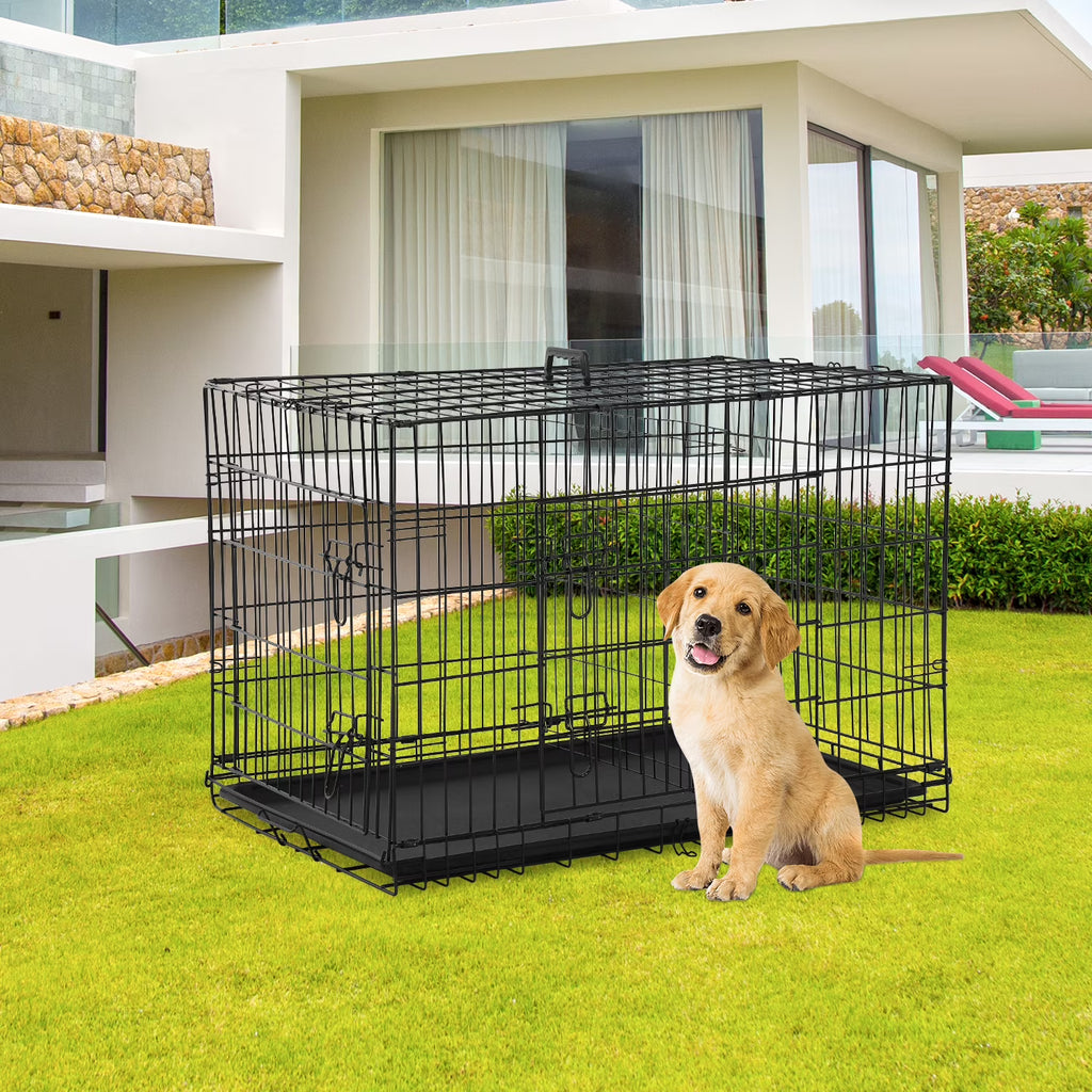 Black Folding Metal Wire Dog Crate with Double-Door J5313