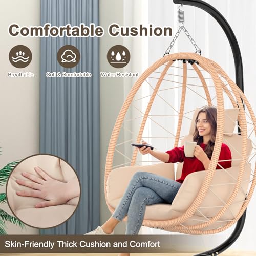 Hanging Egg Chair with Stand, UV Resistant Cushion & Pillow, 370lbs Capacity, Beige N878373