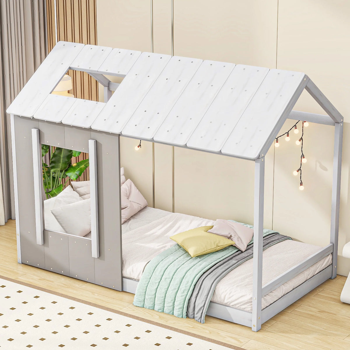 Wood Twin House Platform Bed with Roof and Window, Gray C6110