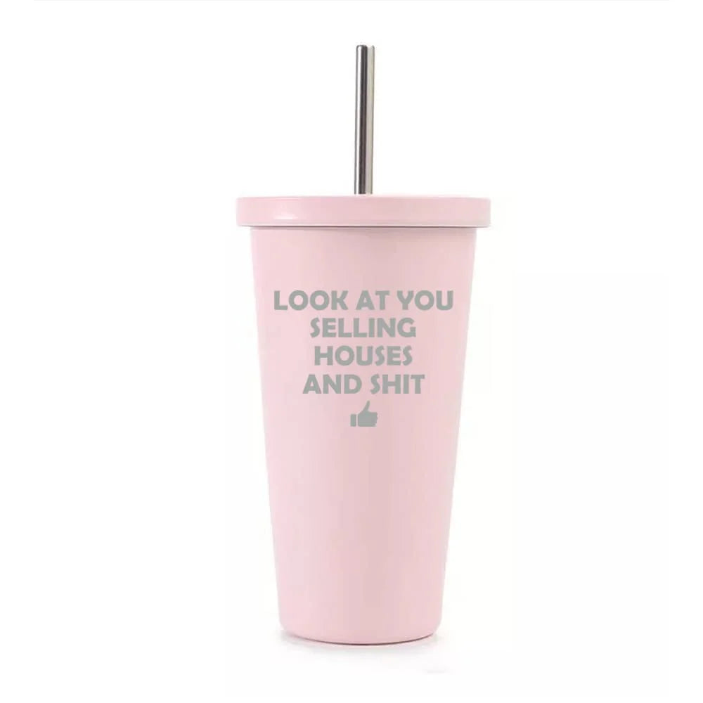 16 oz Stainless Steel Double Wall Insulated Tumbler Travel Mug With Straw E1131