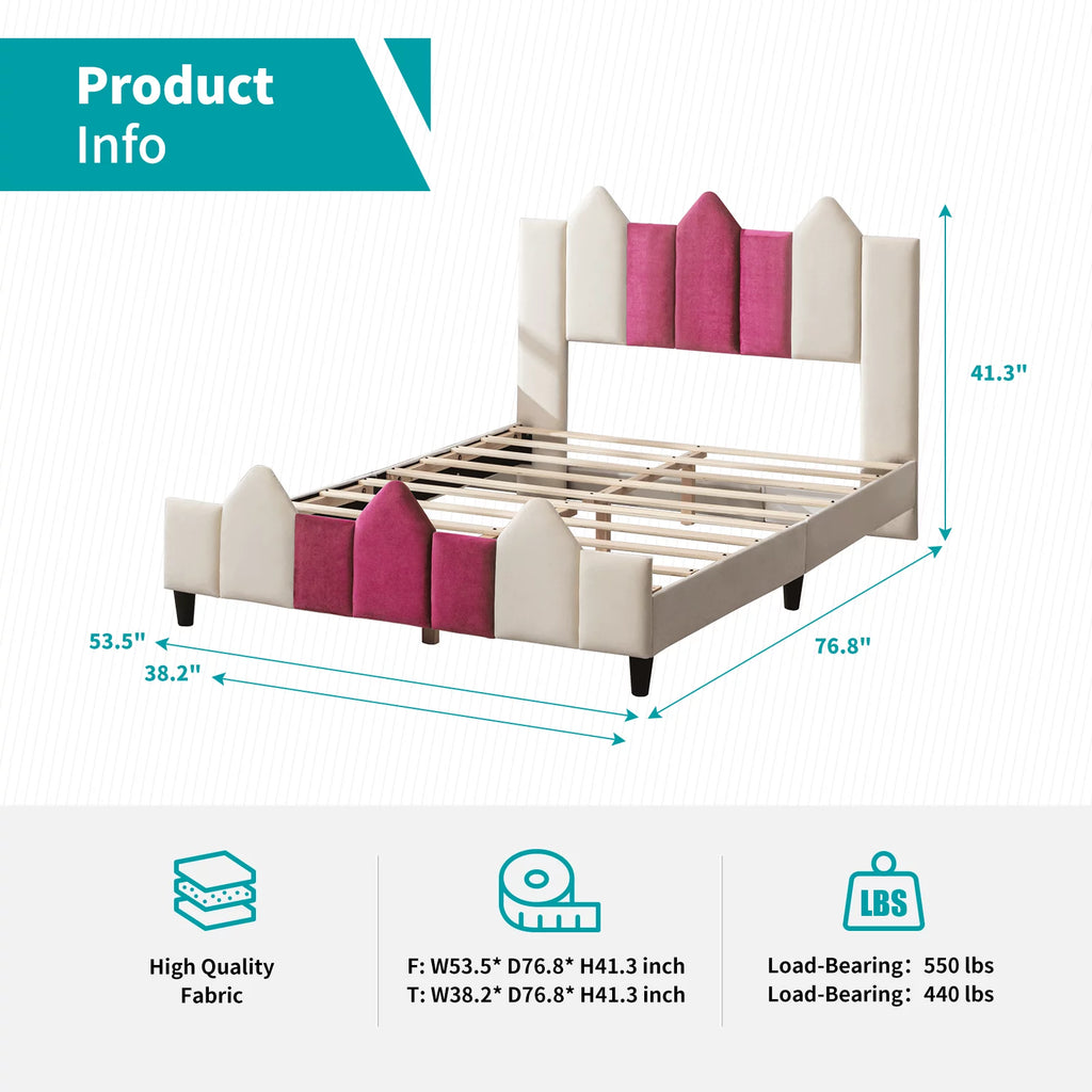 Pink Full Wood Upholstered Bed Frame with Headboard C460743