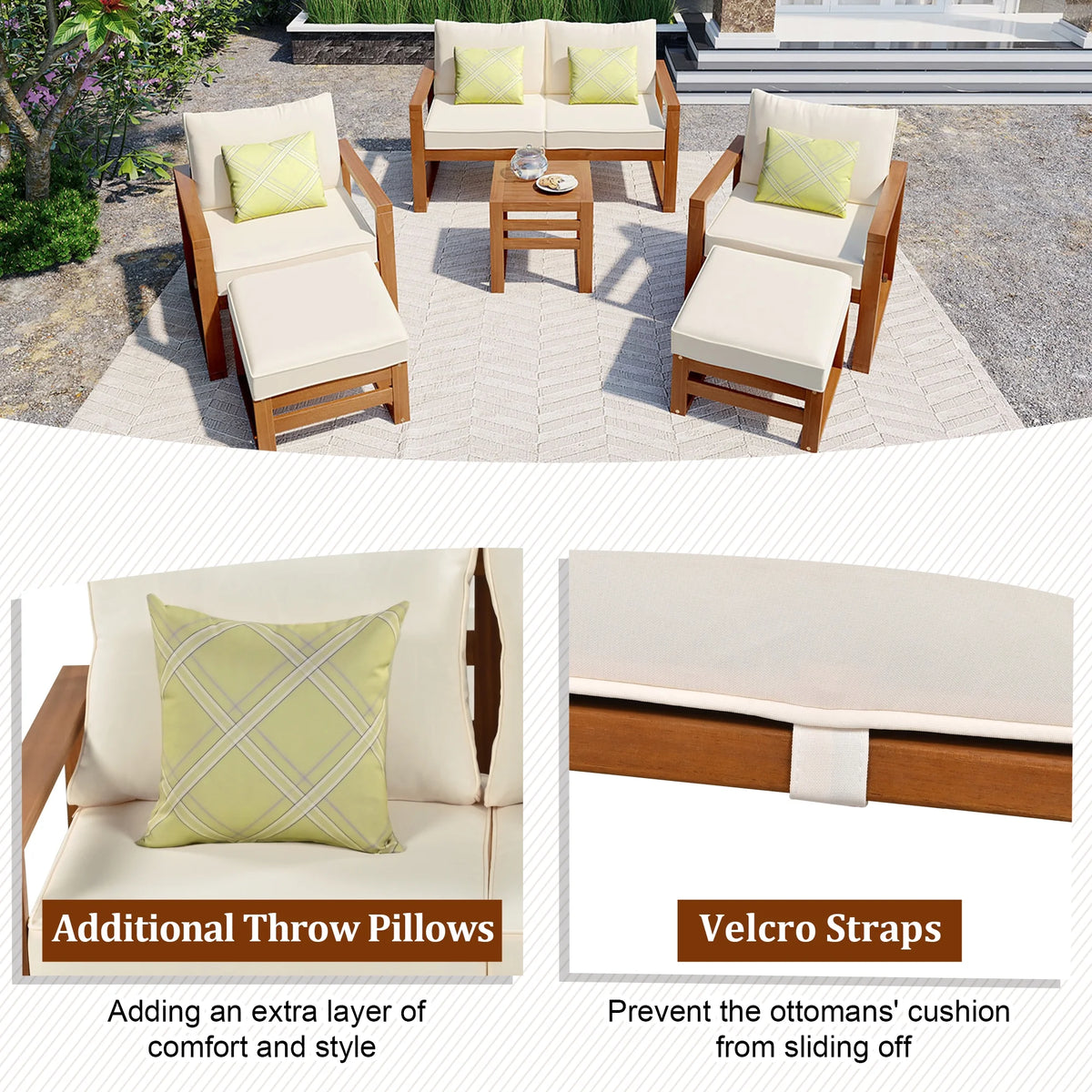 6-Piece Wood Outdoor Patio Conversation Set with Ottomans and Cushions W95514