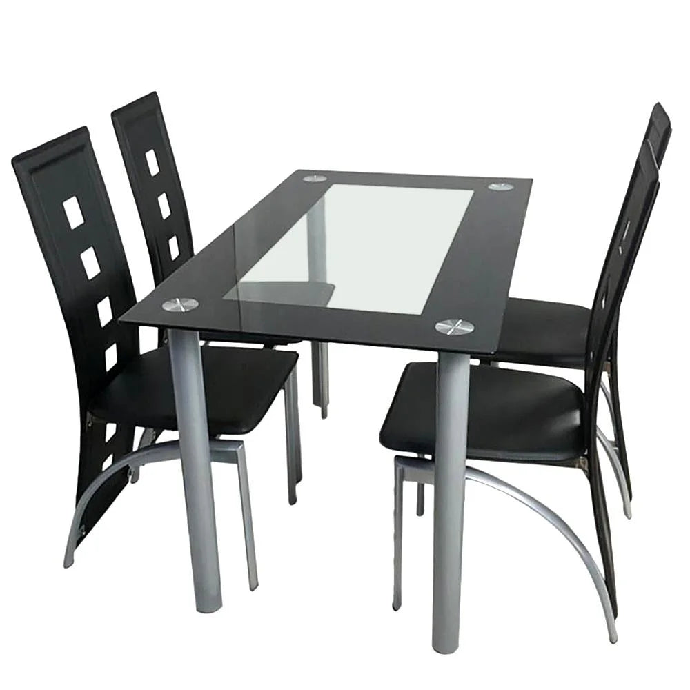 Transparent & Black Tempered Glass Dining Table Set with 4pcs Chairs R33781