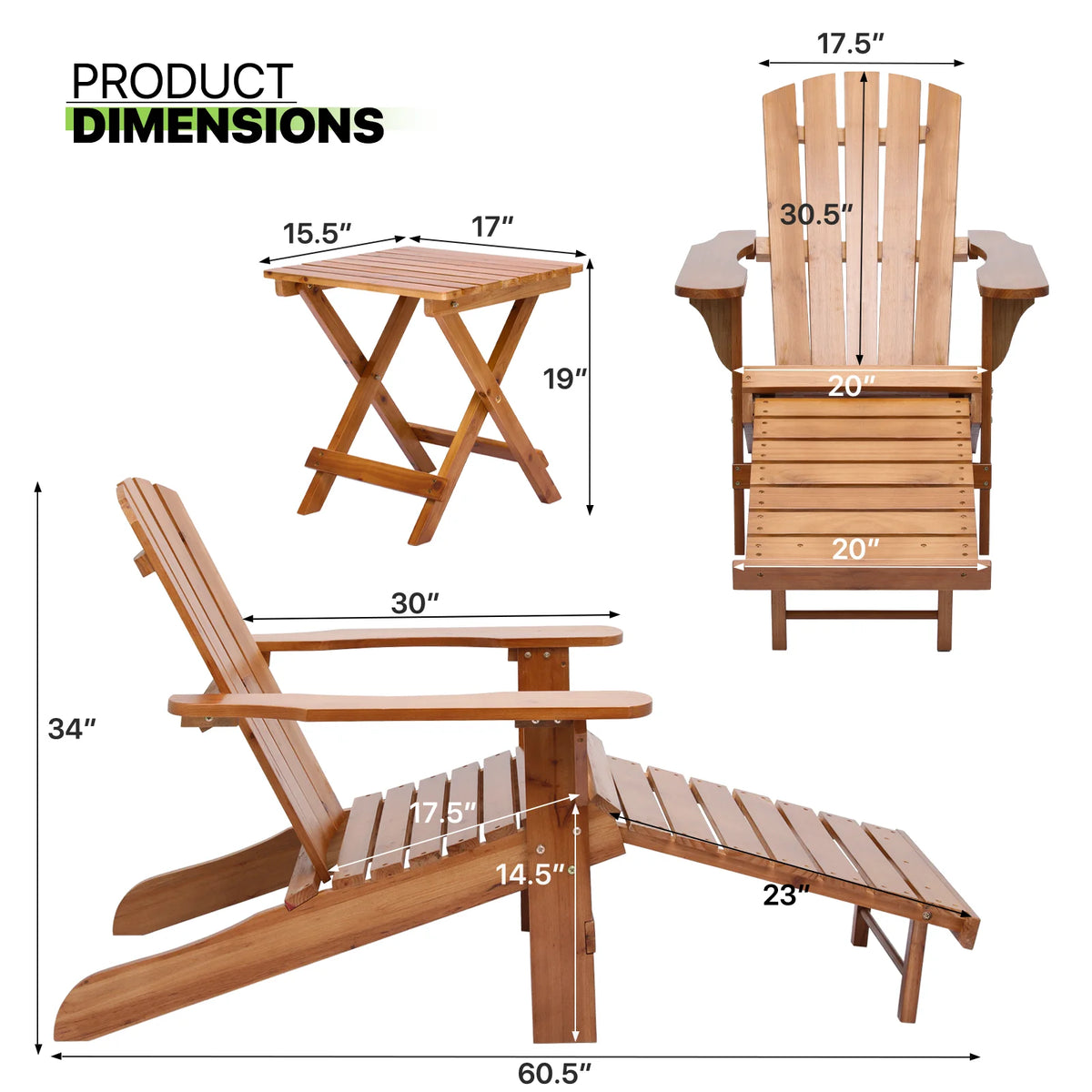 Set of 3 Teak Outdoor Folding Adirondack Chairs with Side Table C45094